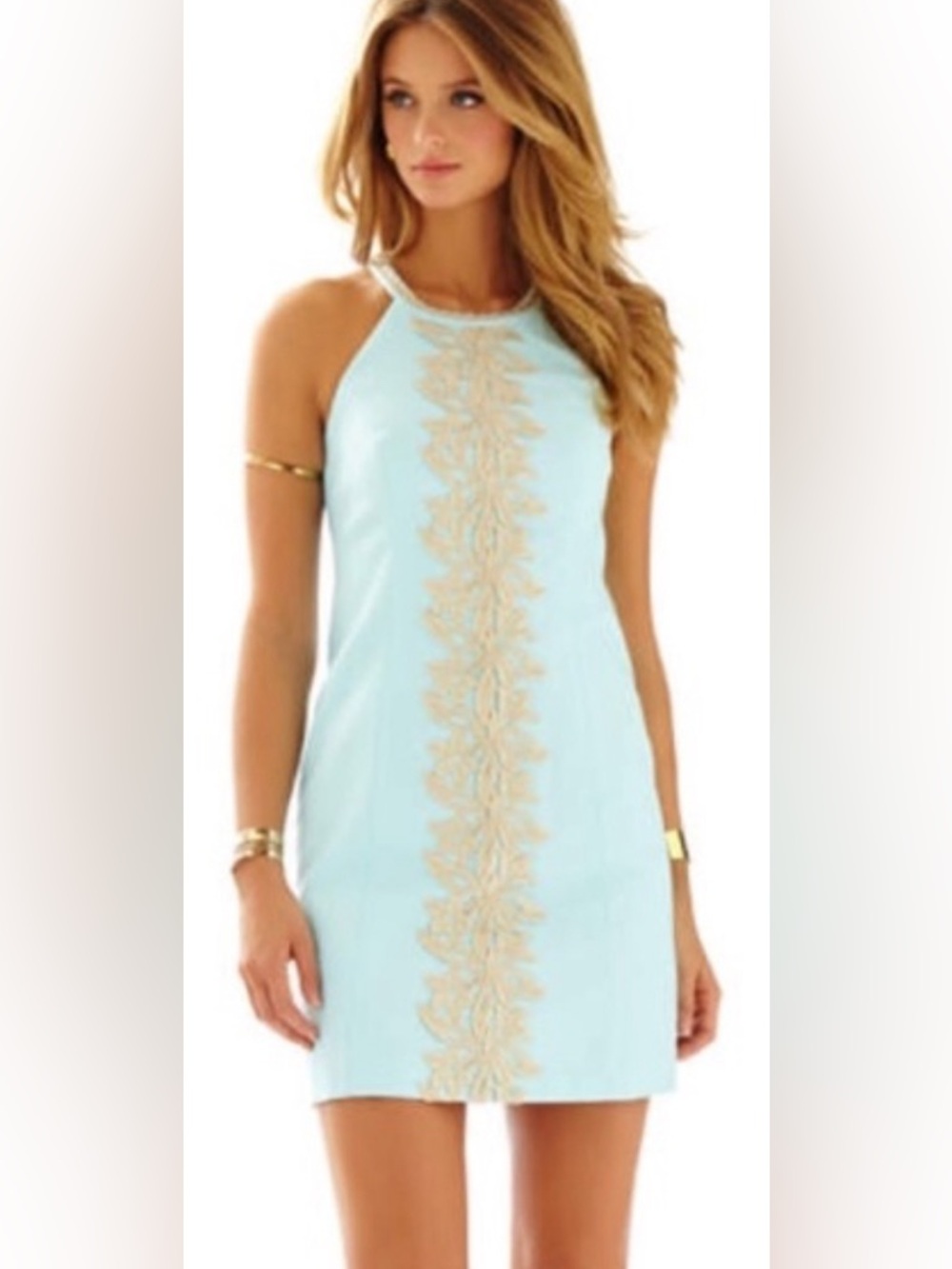 Lilly Pulitzer Pearl Shift Dress in Whisper Blue with Gold Embroidery Women’s 2